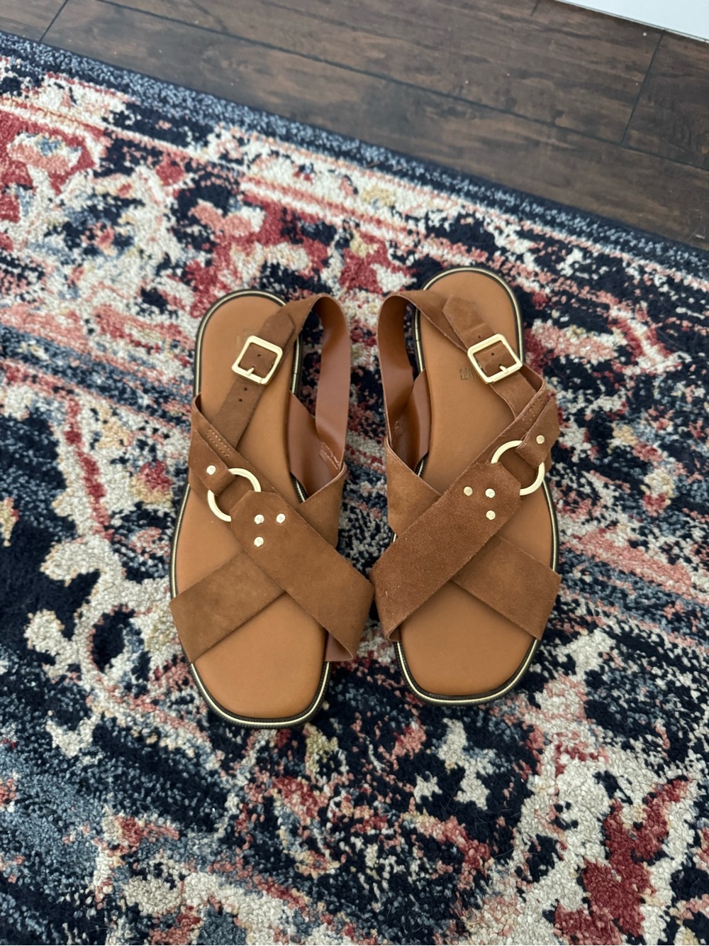 Women's Brown Suede Crisscross Sandals with Gold Buckle Italian leather
